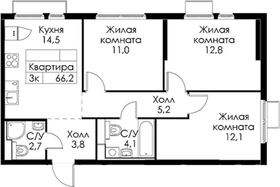 3-комнатная квартира 66.2 м², 9/13 эт., ЖК «Кантемировская 11»